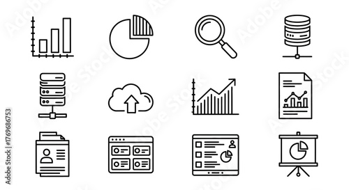 Set of thin line icons for data analysis, business intelligence, statistics, and reporting concepts
