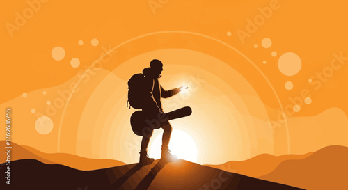 Silhouette Of A Musician Outdoors During Sunset With Guitar Case And Backpack