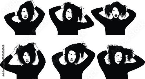 Hair touch silhouette, expressive pose, black figure, long hair gesture, styling moment, feminine icon, emotion art, beauty illustration, profile view, hand movement