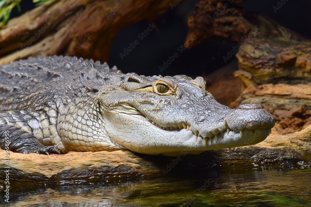 Fototapeta premium Crocodile resting near water in natural environment