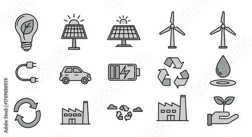 Vector icon set for ecology and sustainability themes. Features illustrations for renewable energy, recycling, and environmental care