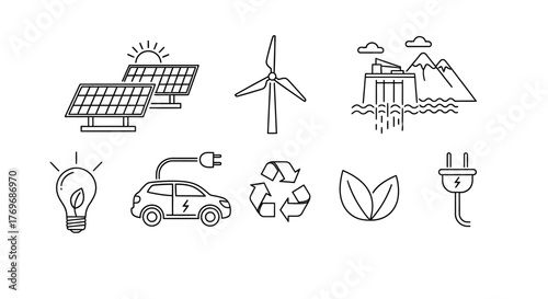 A comprehensive set of thin line icons representing various renewable energy sources, environmental conservation, and sustainable technology concepts