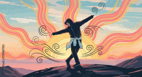 Silhouette Dancing With Sunset Backdrop Depicting Freedom, and Expressing Delight Fully