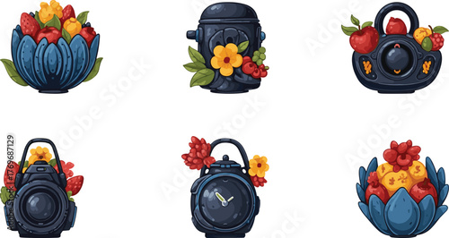 Fruit, flower, object, illustration, bowl, hydrant, handbag, camera, clock, colorful, abstract, creative, vector, icon, design, modern, whimsical, texture, decorative, art