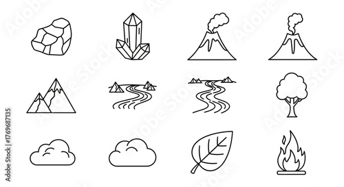 Vector line icons depicting natural elements such as mountains, rivers, trees, and geological formations like volcanoes and crystals