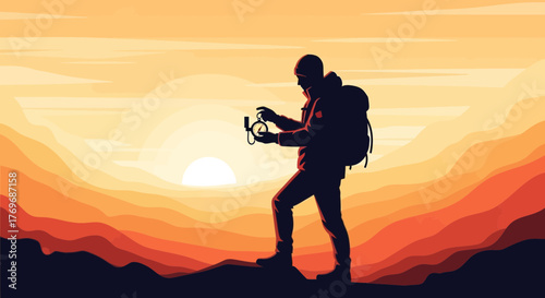 Silhouette Hiker On Mountain Range Examining Compass During Vivid Sunrise Adventure