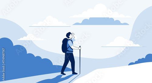 Silhouette Hiker On Snowy Trail With Backpack And Hiking Stick, Sky And Mountains