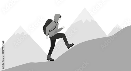 Silhouette Of Adventurer Ascending A Mountain Slope In Pursuit Of A Summit Success