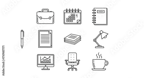 A versatile set of thin line icons representing essential business concepts and office supplies for effective workflow and productivity management