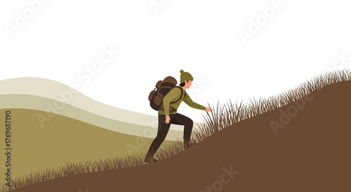 Silhouette Of Adventurer Climbing Hill Depicting Perseverance And Determination, Vector Illustration