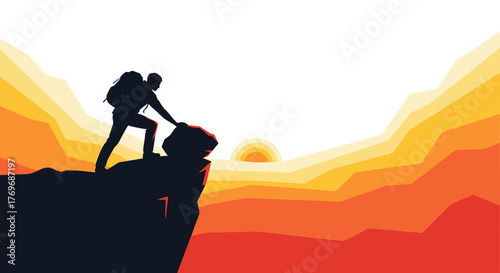 Silhouette Of Adventurer Climbing Cliff Facing The Warm Colors Of Sunset Beautiful View
