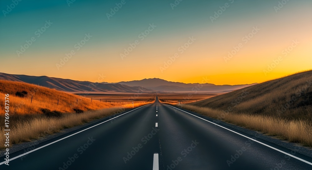 Fototapeta premium Endless Road Trip Serene Asphalt Journey into the Horizon at Dusk