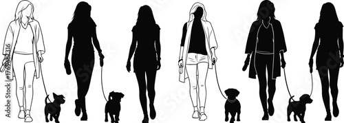 Dog walking, woman, silhouette, line art, pet, leash, casual, pose, black, icon, vector, illustration, outdoor, style, design, motion, minimal, texture, fashion, companion