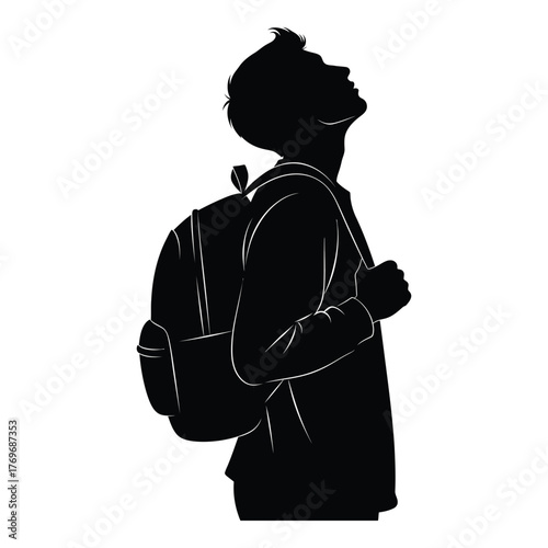 Silhouette of a young person with backpack looking upwards in contemplation art style silhouette