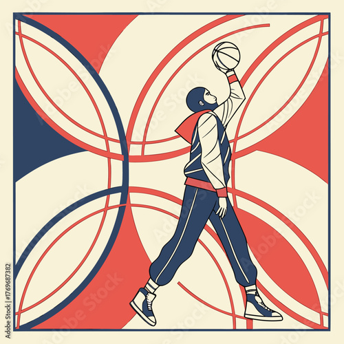 Dynamic vector illustration of a basketball player executing a jump shot or slam dunk against an abstract, retro-geometric background. The artwork uses a bold, limited color palette of red, white, and
