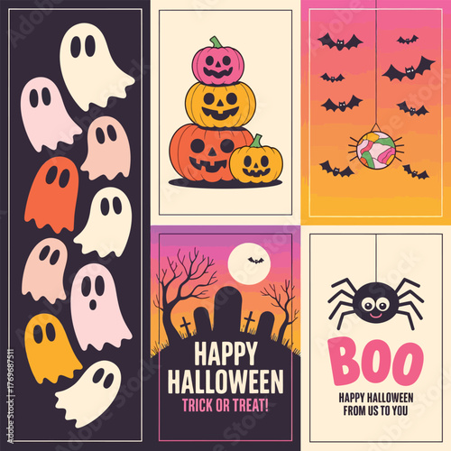 Halloween banners and elements set with pumpkins ghosts bats and spooky icons