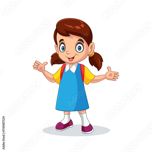 Cartoon of a little girl standing with a bag waving her hand
