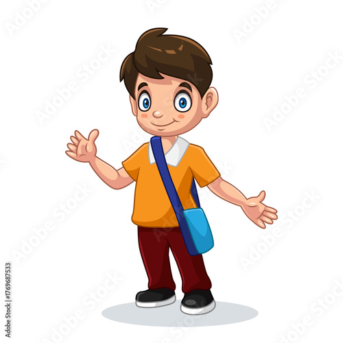 Cartoon of a little boy standing with a bag and smiling