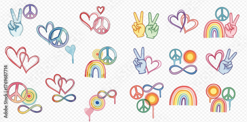 A collection of watercolor illustrations featuring peace signs, hearts, rainbows, infinity symbols, and peace hand gestures in soft pastel colors, conveying themes of love and harmony.