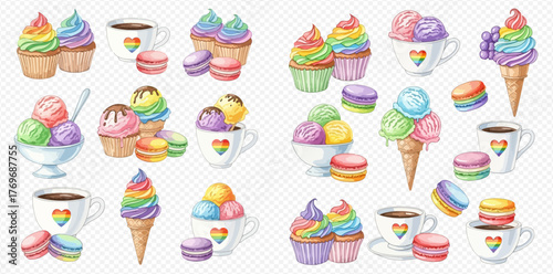Watercolor illustration of vibrant rainbow-themed desserts and coffee cups, featuring cupcakes, ice cream, macarons, and hot beverages with heart motifs.