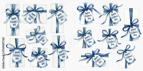 Watercolor illustration of white gift boxes with blue ribbons and 'Happy Father's Day' tags, perfect for paternal celebrations and greetings.