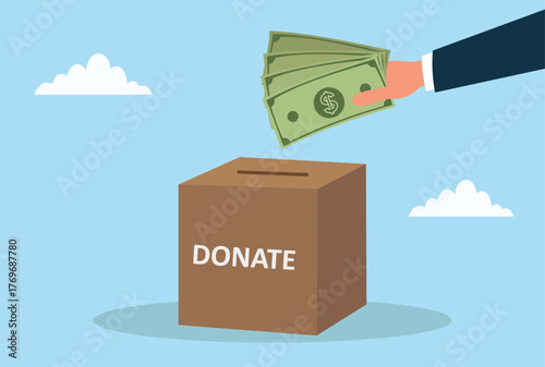 Vector illustration of a hand putting money into a donation box, symbolizing charity, kindness, generosity, financial support, community help, fundraising, giving, and humanitarian contribution
