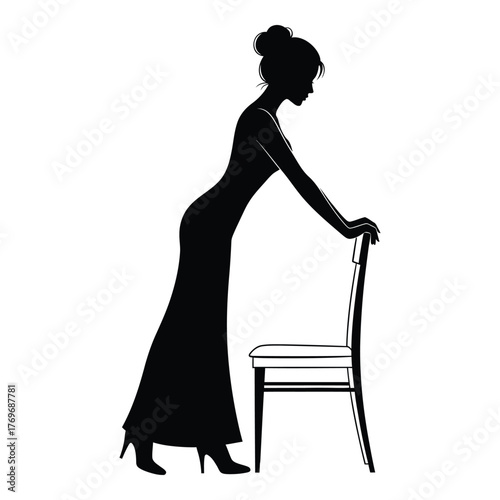 Elegant woman silhouette leaning on chair glamorous evening gown fashion pose silhouette