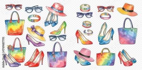Watercolor fashion accessories collection with colorful handbags, high heels, hats, sunglasses, and bracelets on a transparent background.