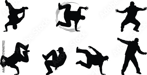 Breakdance, silhouette, dancer, pose, spin, motion, balance, athletic, street dance, black, dynamic, icon, vector, freestyle, energy, movement, stylish, minimal, illustration, performance, art