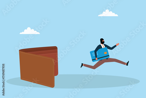Vector illustration of a masked thief stealing a credit card from a wallet and running away, representing financial theft, fraud, or cybercrime
