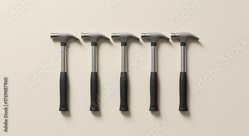 Set of five metal hammers with black rubber grips on neutral background  