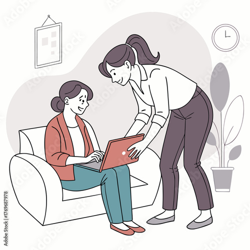 Minimalist outline vector illustration of two diverse women collaborating or having a mentorship session in a cozy, modern office or home environment. One woman is working on a laptop while the other 
