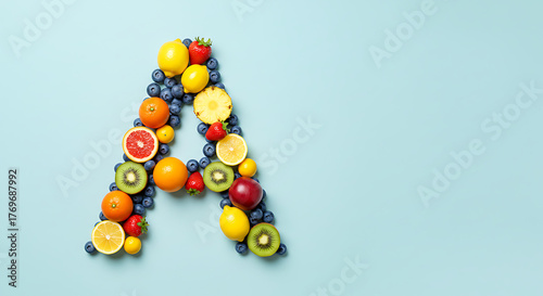 Fruit arranged in the shape of the letter A on pastel background  