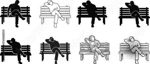 Bench, sitting, person, pose, silhouette, sketch, abstract, geometric, halftone, low-poly, modern, icon, vector, design, illustration, texture, style, posture, minimal, art