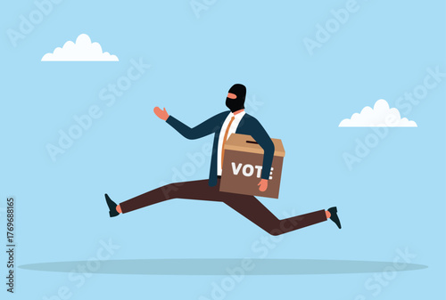 Vector illustration of a masked thief running away with a ballot box, symbolizing election fraud, vote theft, corruption, and political crime concept
