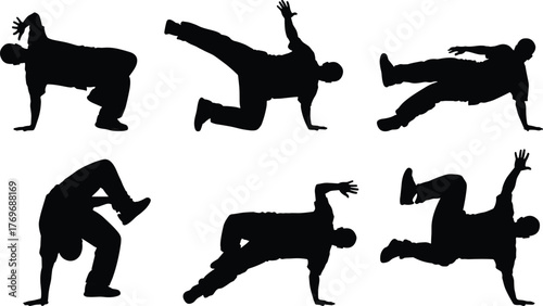 Breakdance silhouettes, hip hop dancers, street dance moves, urban culture, freestyle motion, energetic poses, vector illustration