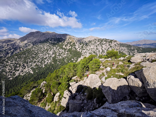 hiker ascending Puig de Alí and Massanella, Escorca, Natural area of the Serra de Tramuntana., Majorca, Balearic Islands, Spain