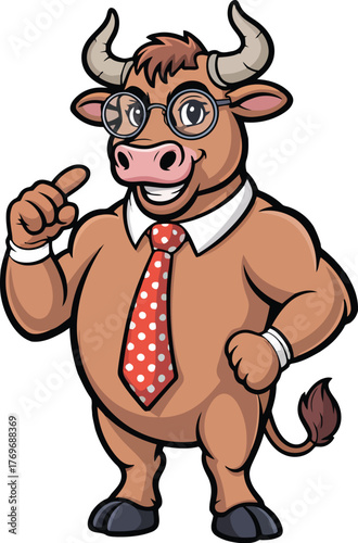 Cartoon bull wearing glasses and a red polka dot tie vector