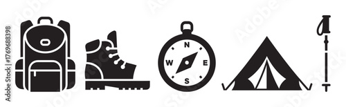 Black silhouette icons of a backpack, hiking boot, compass, triangular tent, and walking stick symbolizing outdoor adventure and camping gear.