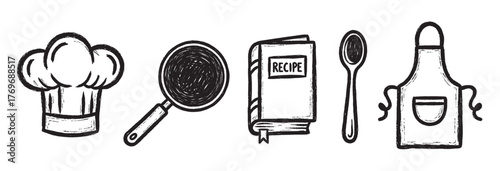 Black outline icons of a chef hat, frying pan, recipe book, spoon, and apron, representing cooking and culinary themes.