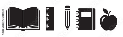 Black silhouettes of an open book, ruler, pencil, notebook, and apple arranged in a row, symbolizing education and school essentials.