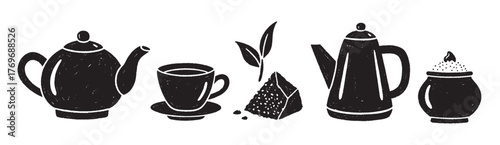 Black silhouettes of a teapot, teacup, tea leaves, kettle, and a sugar bowl arranged in a series.