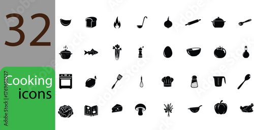 Collection of 32 black and white cooking and kitchen utensil icons on a white background