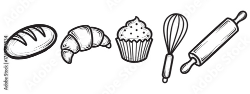 Black and white vector icons of bakery items including bread, croissant, cupcake, whisk, and rolling pin arranged in a row.