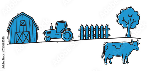 Simple line drawing of a farm scene with a barn, tractor, fence, tree, and cow, all accented in blue.