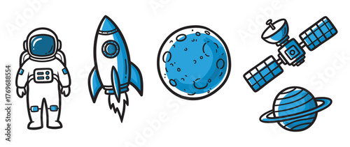Hand-drawn space-themed icons featuring an astronaut, rocket, moon, satellite, and saturn in blue and black.