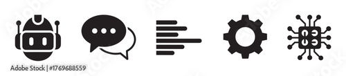 Black outline icons of a robot head, chat bubble, horizontal bars, gear, and microchip, representing technology and communication concepts.