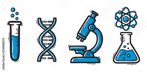 Simple blue and black line drawings of scientific tools including a test tube, dna helix, microscope, and atom with an erlenmeyer flask.