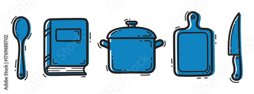 Blue outlined kitchen items including a wooden spoon, cookbook, pot with lid, cutting board, and knife, illustrated in a simple stylized design.