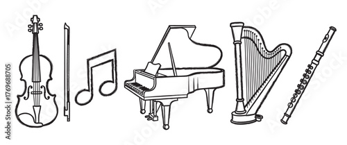 Black outline drawings of a cello, musical notes, grand piano, harp, and flute, representing classical music instruments in a linear style.